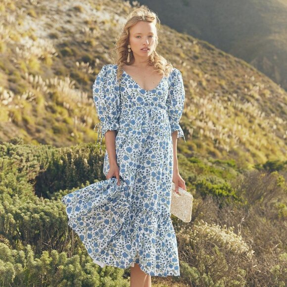 Eddy Dresses & Skirts - Hayley Puff Sleeve Midi Dress - Cream/Azure Floral